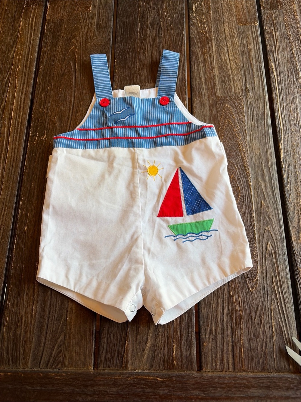 Sail Boat Boys Romper Shortall Overall Vintage 90s Blue Pinstripe Nautical 18 Mo